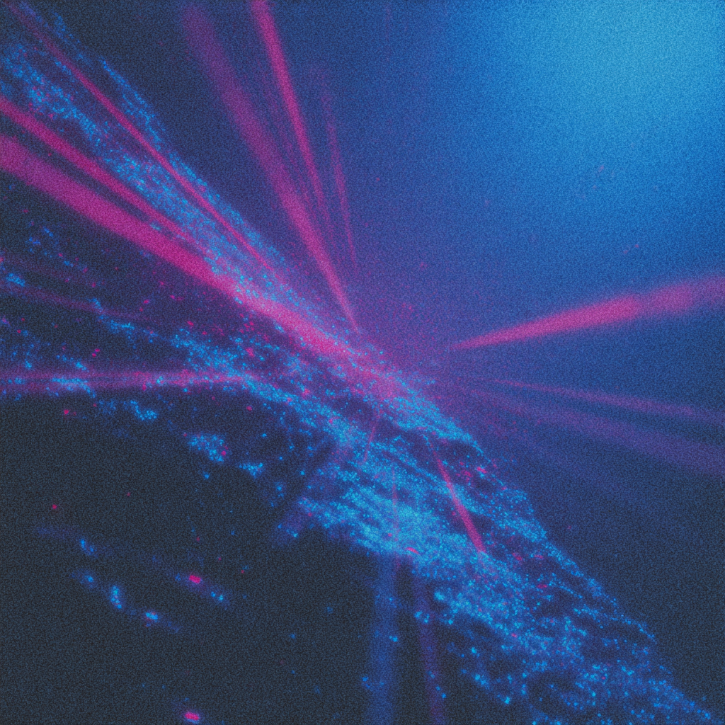 Digital artwork of pink and blue light beams across a dark surface — representing the reactivation of Bleed Electric’s lost transmission, “A New Reason.”