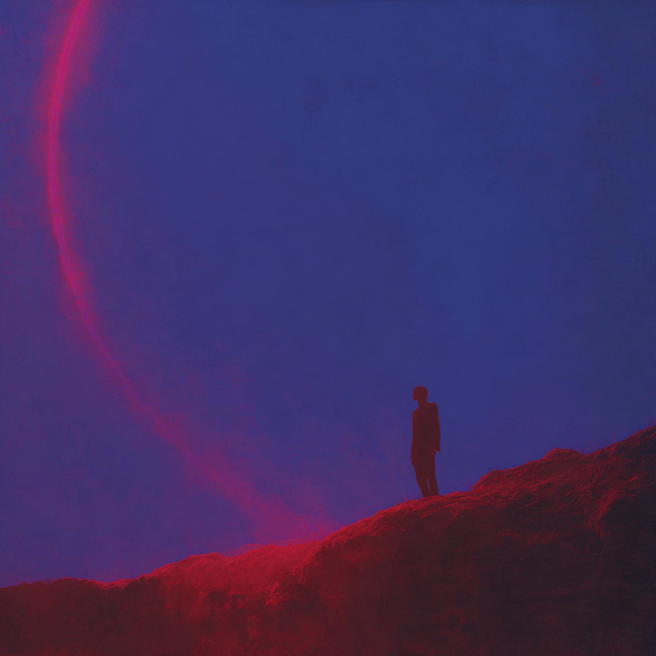 A lone figure stands beneath a glowing red arc against a deep blue sky — cover art for Bleed Electric’s This Is My Masterpiece EP.