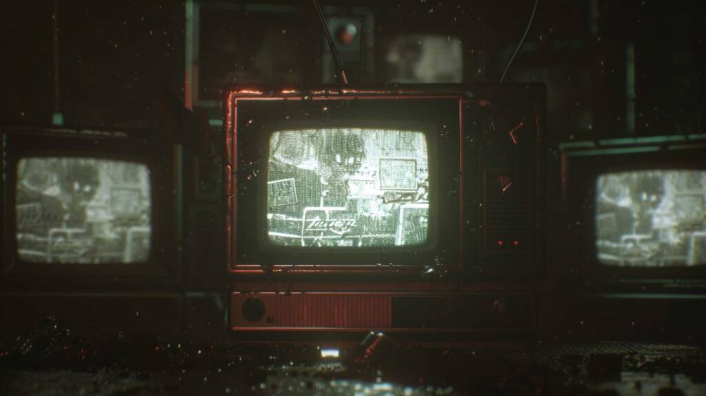 Old television set glitching in the dark, static and neon reflections — Bleed Electric Transmissions image.