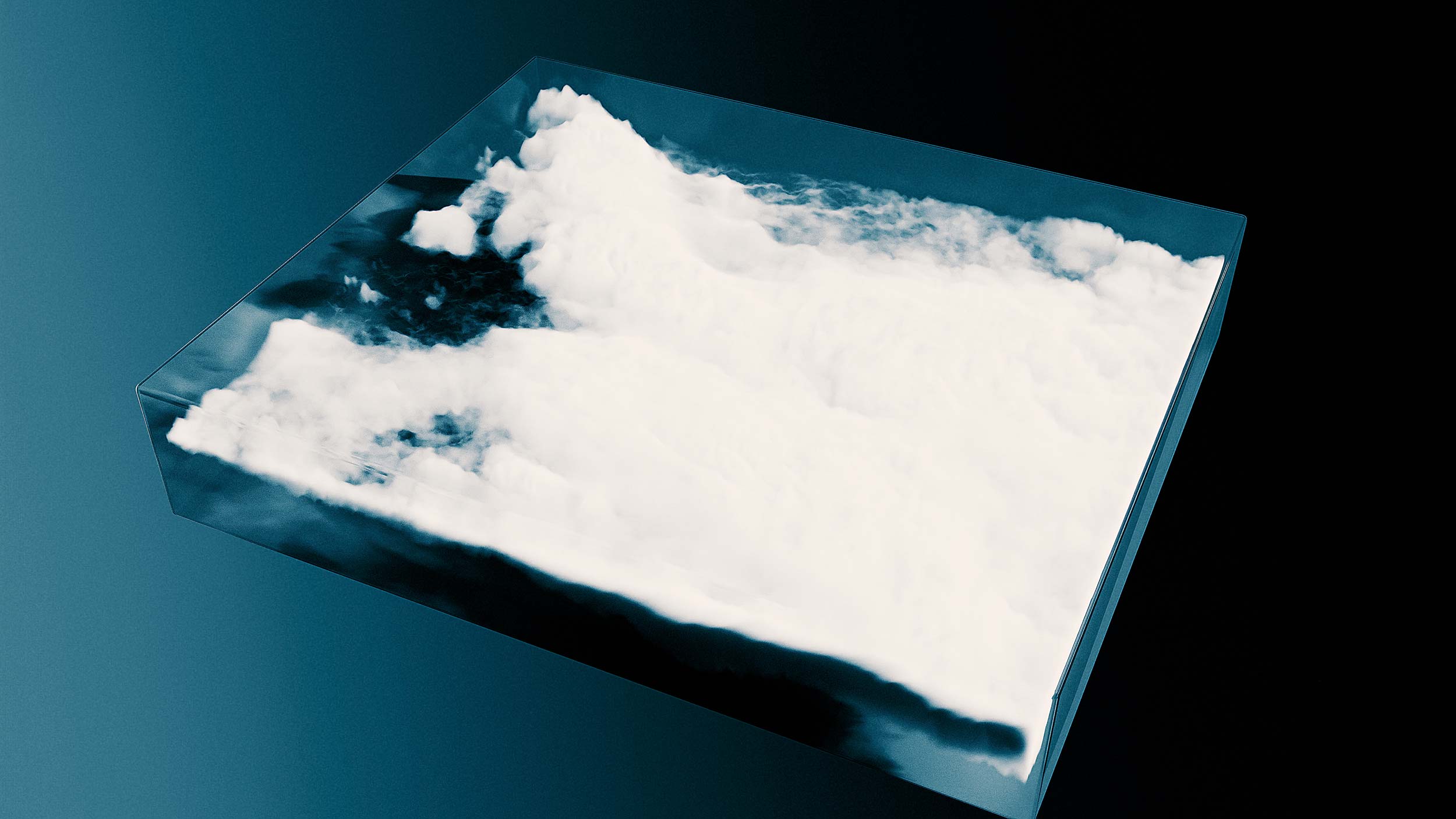 Rectangular floating slab containing volumetric clouds suspended over a gradient blue background