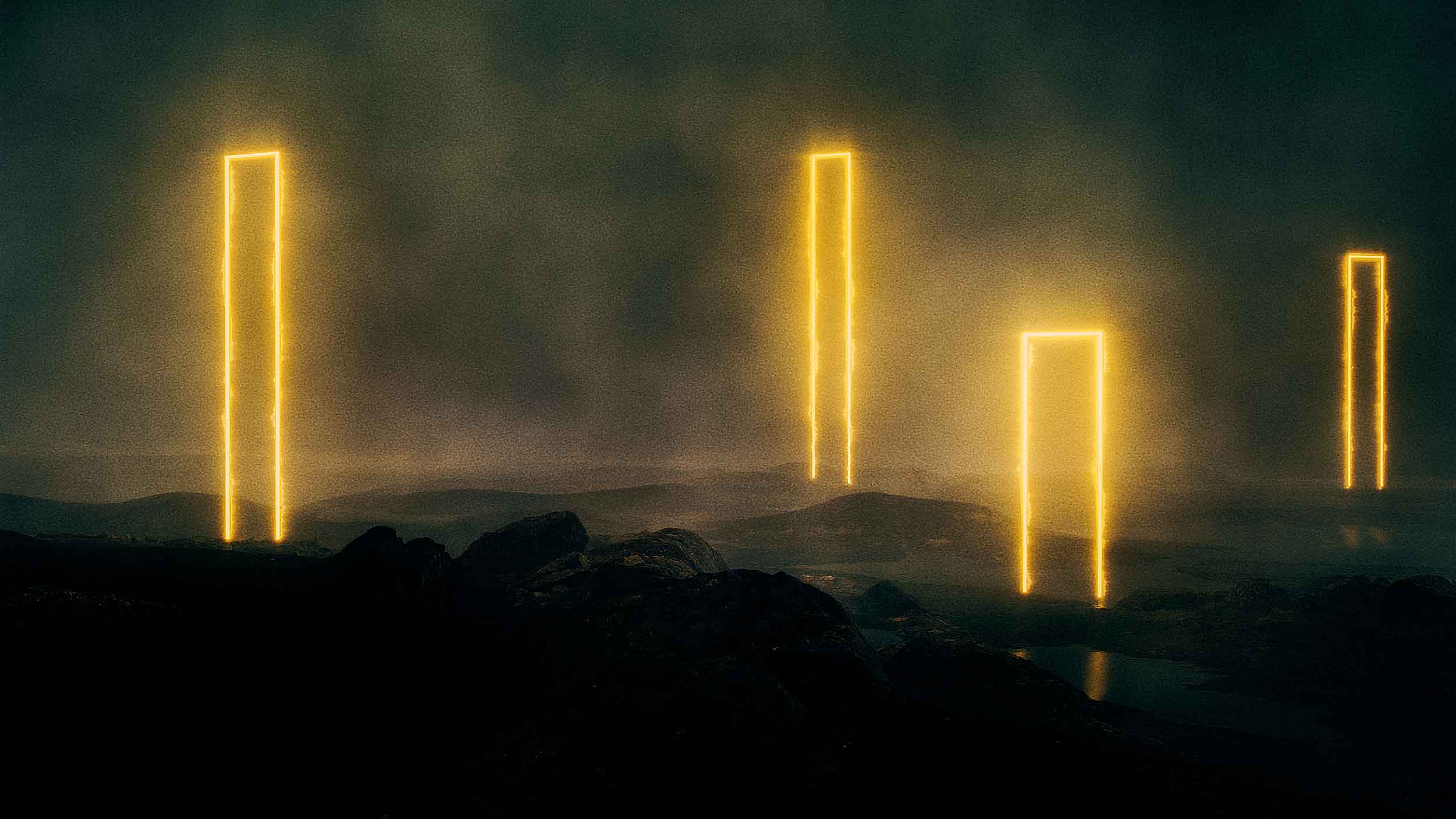 Tall glowing golden monoliths standing in a dark misty landscape from Bleed Electric’s This Is My Masterpiece music video
