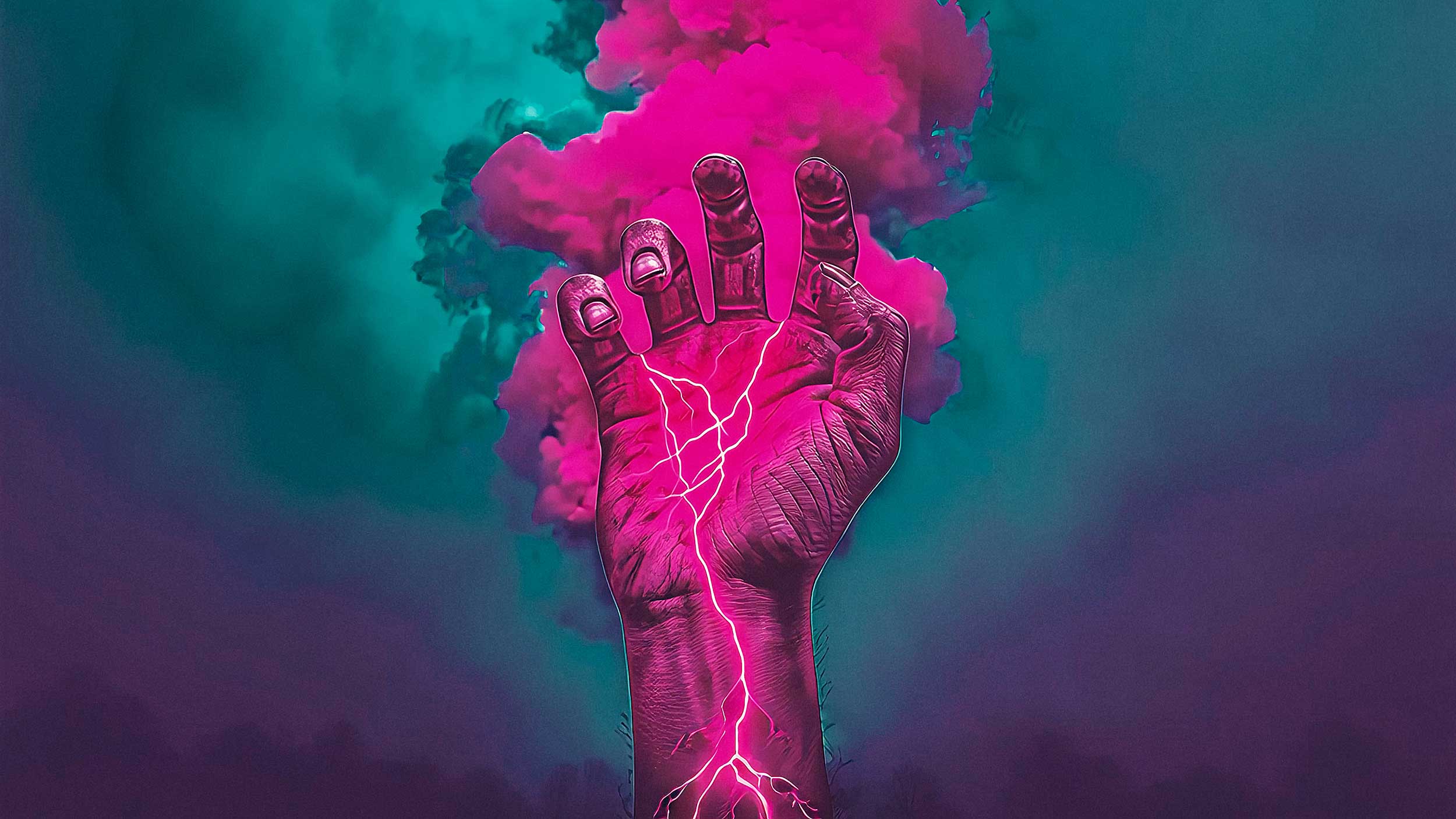 Neon pink hand with lightning veins from Bleed Electric’s This Is My Masterpiece music video