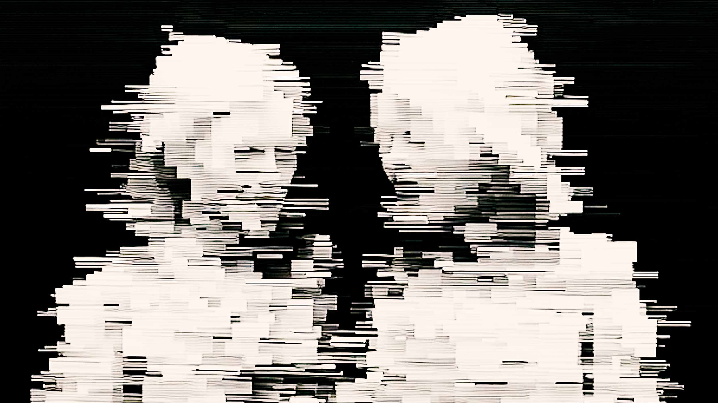 Two human faces dissolving into horizontal digital glitch lines in black and white