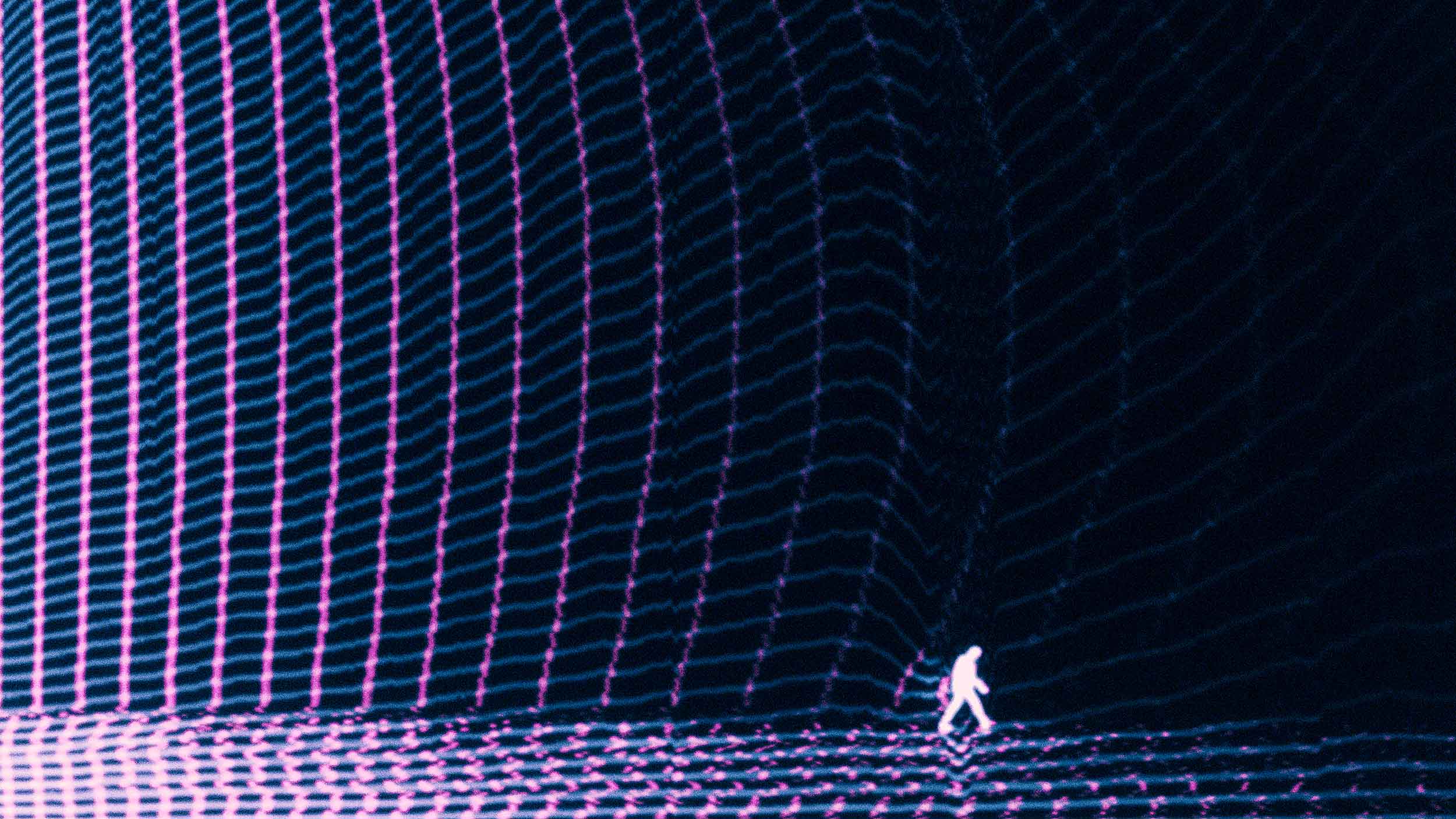 A small glowing human figure walking across a neon wireframe digital landscape