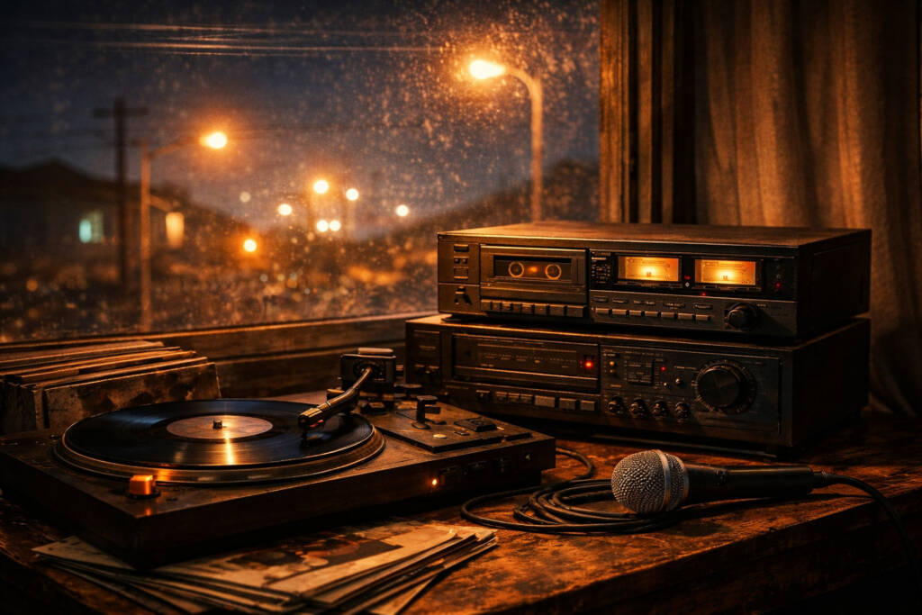 Vintage hi-fi stereo, cassette deck, turntable and microphone beside a rain-covered window with streetlights glowing outside — representing the early Bleed Electric studio where music, technology and art first merged.